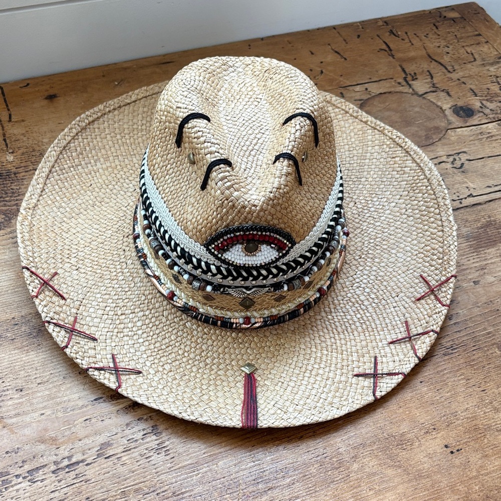 Embroidered Straw Hat with Tribal Design